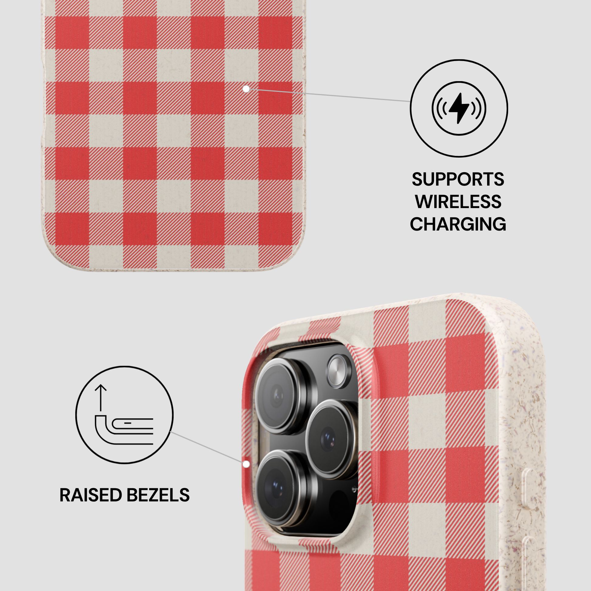 A phone case with a red and off-white gingham check pattern, shown with feature callouts: wireless charging support and raised camera bezels.