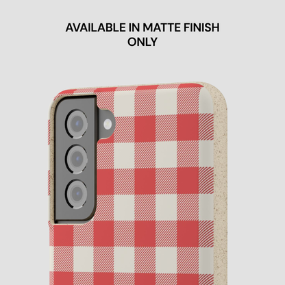 A phone case with a red and white gingham check pattern, shown on a light gray background with the text 'AVAILABLE IN MATTE FINISH ONLY' at the top.