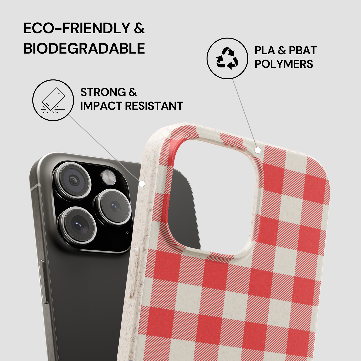 A red and white checkered phone case shown over a black smartphone, with text callouts reading 'ECO-FRIENDLY & BIODEGRADABLE', 'STRONG & IMPACT RESISTANT', and 'PLA & PBAT POLYMERS'.