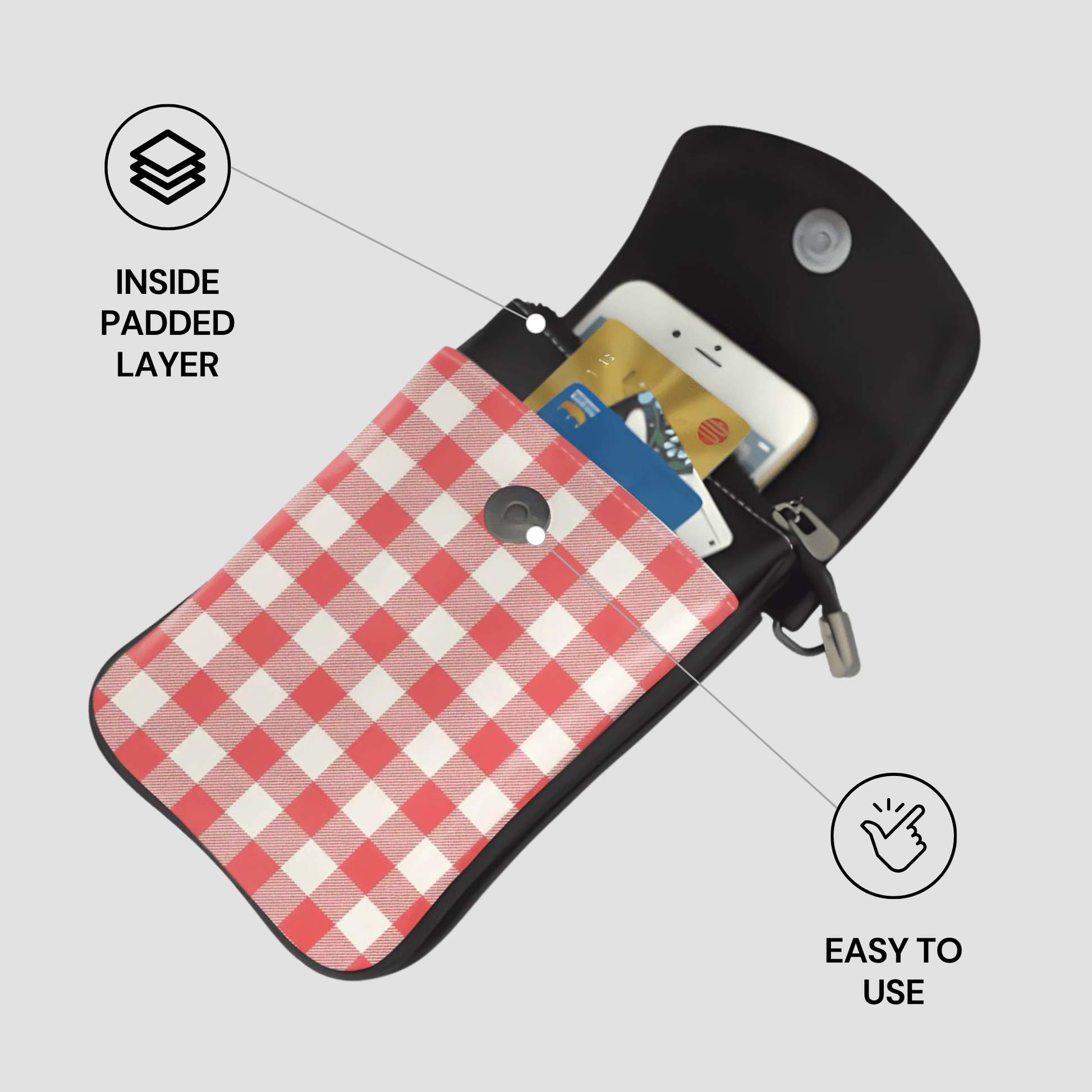 A black and red gingham check phone pouch with a white phone and cards inside, shown on a light gray background with feature callouts: 'INSIDE PADDED LAYER' and 'EASY TO USE'.