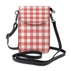 A red and white gingham check crossbody phone bag with a black adjustable strap, shown on a plain white background.