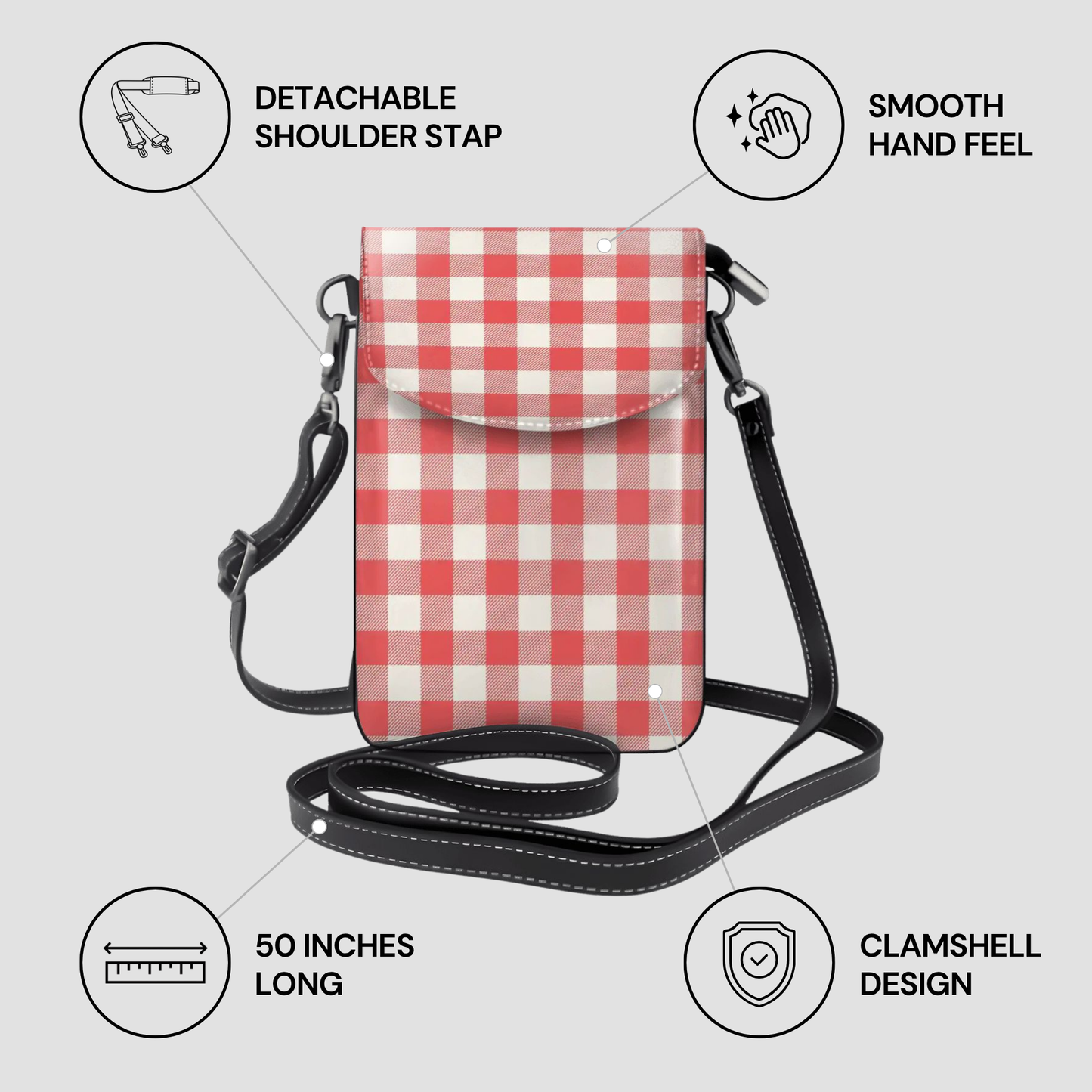 A red and white gingham check crossbody phone bag with a black strap, shown on a light gray background with feature callouts: detachable shoulder strap, smooth hand feel, 50 inches long, and clamshell design.