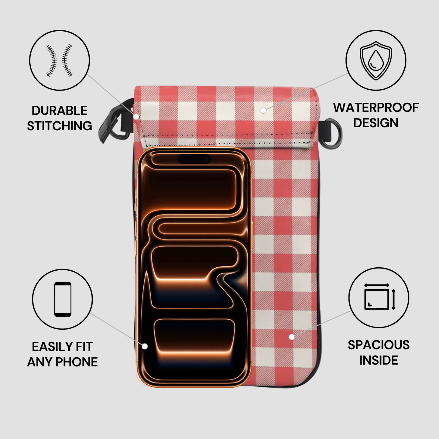 A red and white checkered waterproof phone pouch with a black strap, shown on a light gray background with four feature callouts: durable stitching, waterproof design, easily fit any phone, and spacious inside.