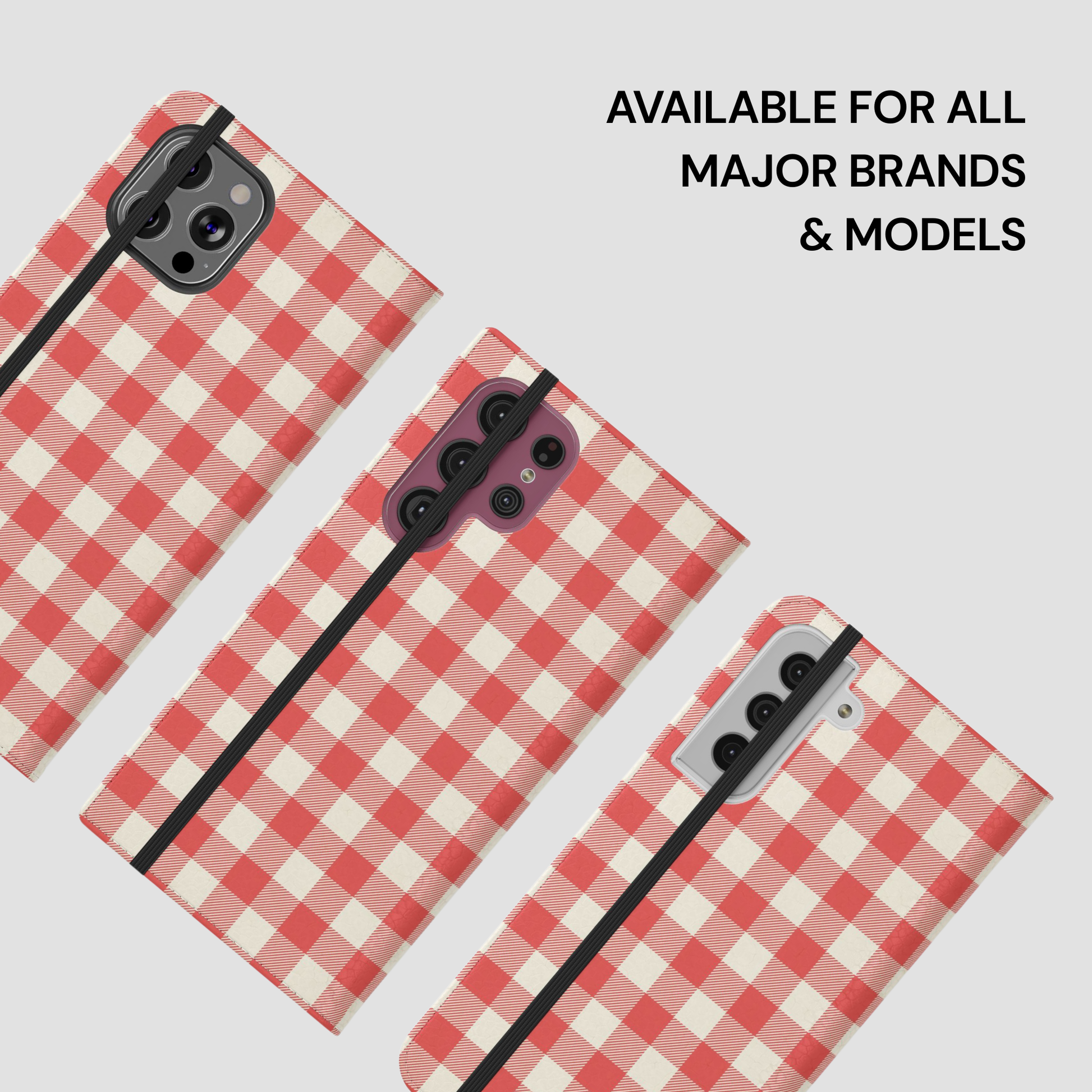 Three smartphone cases with a red and white gingham check pattern and black center stripes, shown on phone mockups against a light gray background with text reading 'AVAILABLE FOR ALL MAJOR BRANDS & MODELS'.