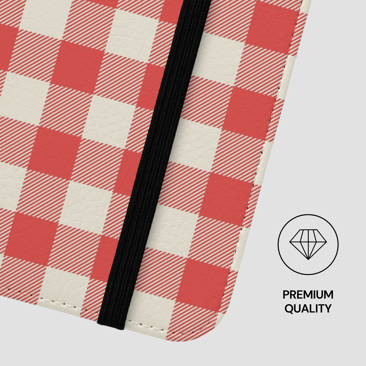 A close-up of a red and off-white gingham patterned item with a black elastic band, shown on a light gray background with a 'PREMIUM QUALITY' diamond icon.
