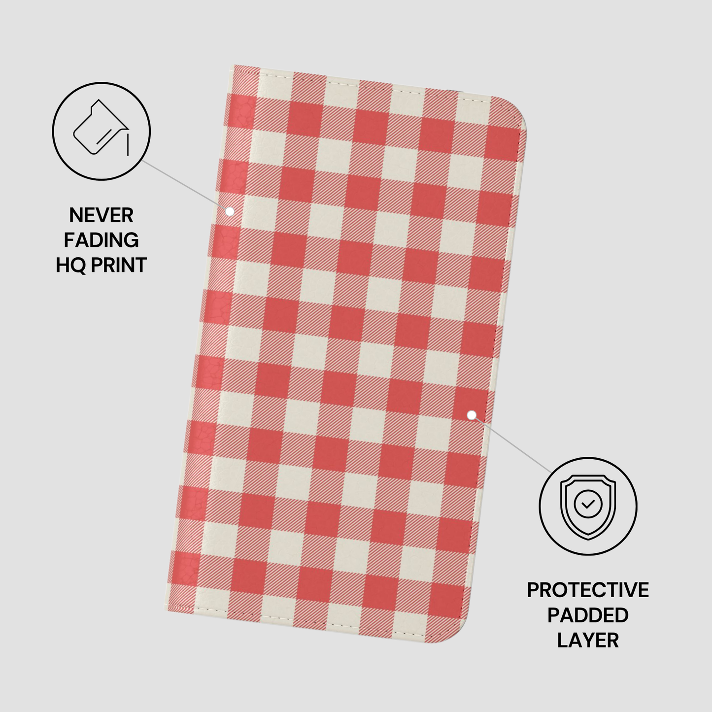 A red and white gingham checkered phone wallet case shown on a light gray background with two callout graphics: one reading 'NEVER FADING HQ PRINT' and the other reading 'PROTECTIVE PADDLED LAYER'.