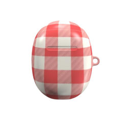 A red and white buffalo check patterned protective case for wireless earbuds, featuring a small pink loop on the side, shown against a plain white background.