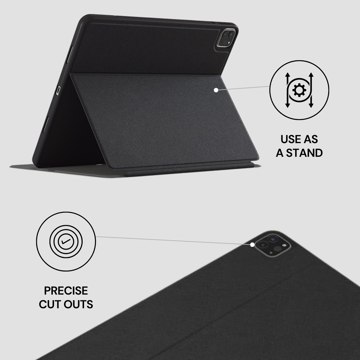 Black tablet case with stand feature on a light gray background