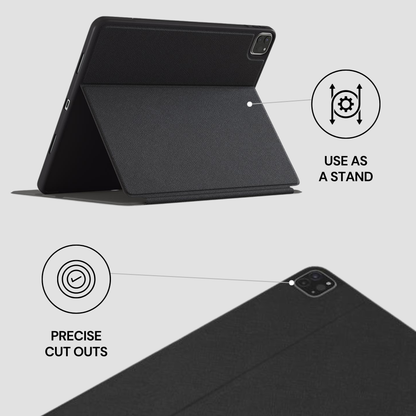 Black tablet case with stand feature on a light gray background