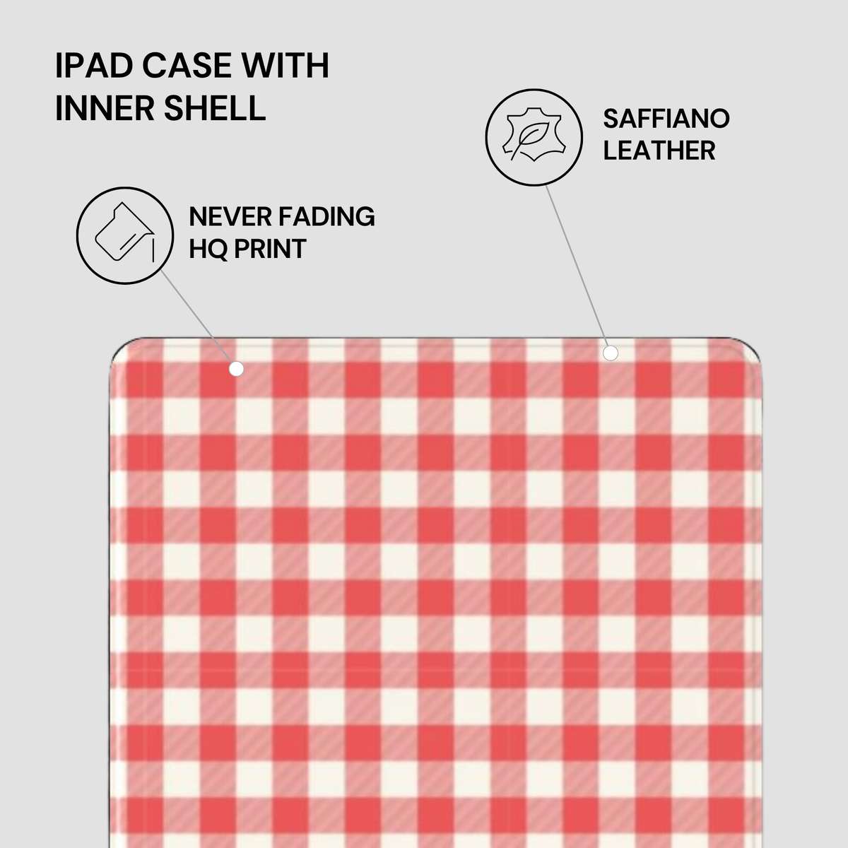 An iPad case with a red and white gingham pattern, featuring text callouts highlighting its inner shell, saffiano leather finish, and fade-resistant print on a light gray background.