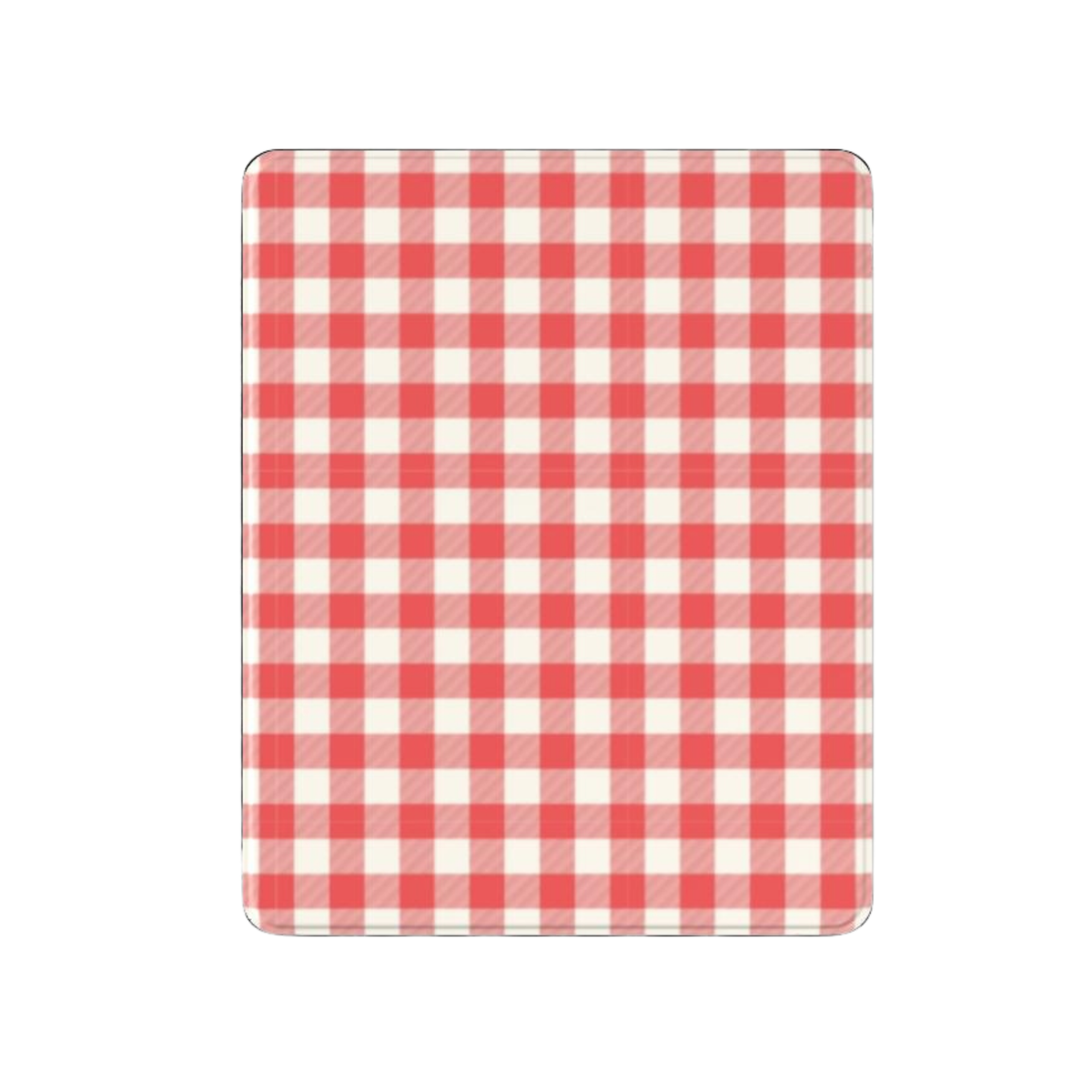 A rectangular tablet case with rounded corners, featuring a classic red and white gingham checkered pattern, shown on a plain white background.