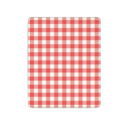 A rectangular tablet case with rounded corners, featuring a classic red and white gingham checkered pattern, shown on a plain white background.