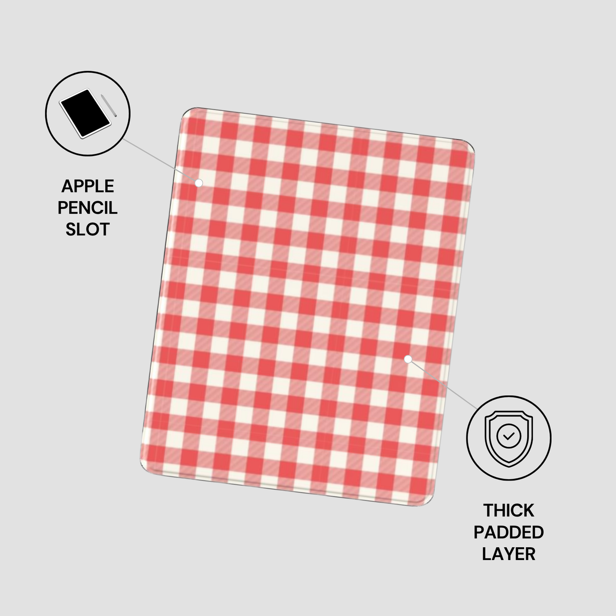 A red and white gingham checkered tablet skin or mouse pad shown on a light gray background, with callout icons and text indicating an Apple Pencil Slot and Thick Padded Layer.