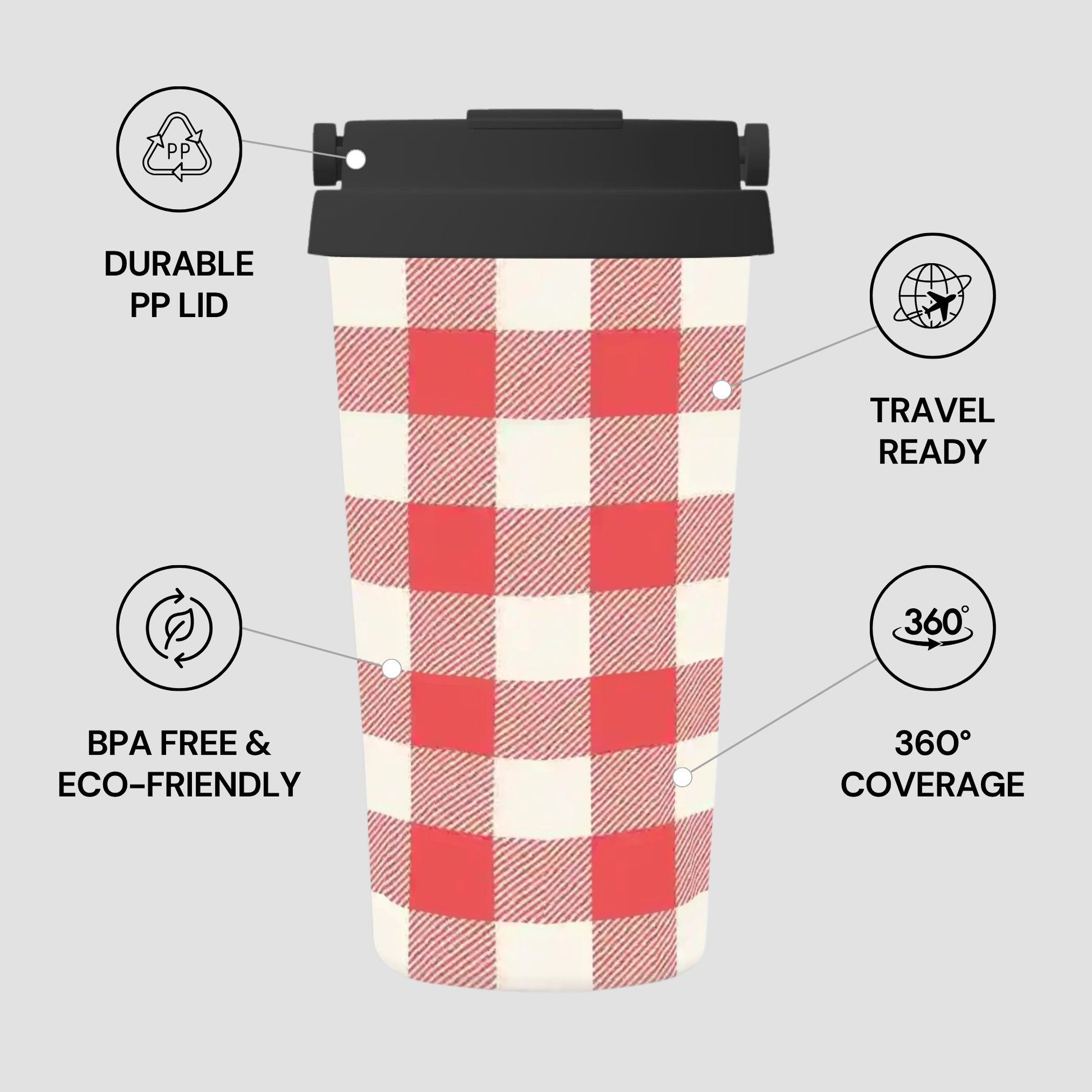 A reusable travel tumbler with a red and white buffalo check pattern, a black lid, and feature callouts on a light gray background.