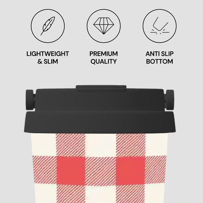 A close-up of a reusable cup lid and upper body showing a red, white, and light pink gingham pattern, with three feature icons above reading Lightweight & Slim, Premium Quality, and Anti Slip Bottom on a light gray background.