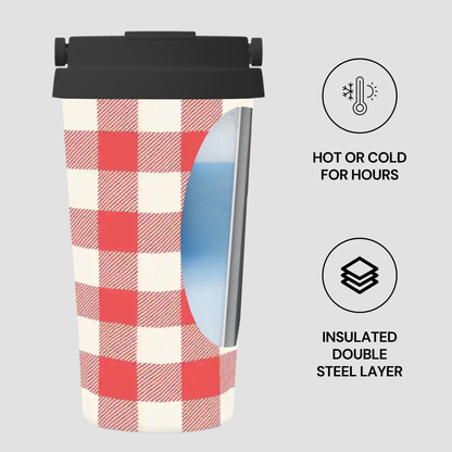 A stainless steel travel tumbler with a red and white gingham check pattern, a black lid, and a blue interior visible through a side cutout. Text icons on the right highlight heat retention and double steel insulation on a light gray background.