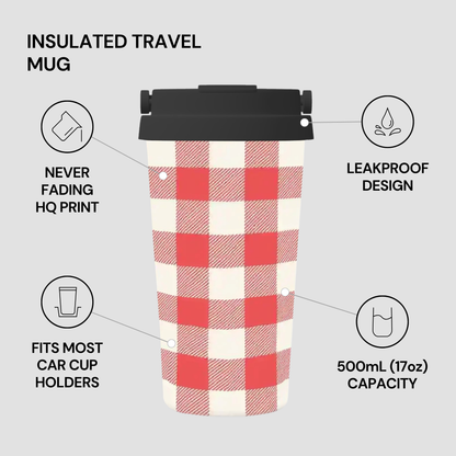 An insulated travel mug with a red and white gingham check pattern, shown on a light gray background with feature callouts: never fading HQ print, leakproof design, fits most car cup holders, and 500mL (17oz) capacity.