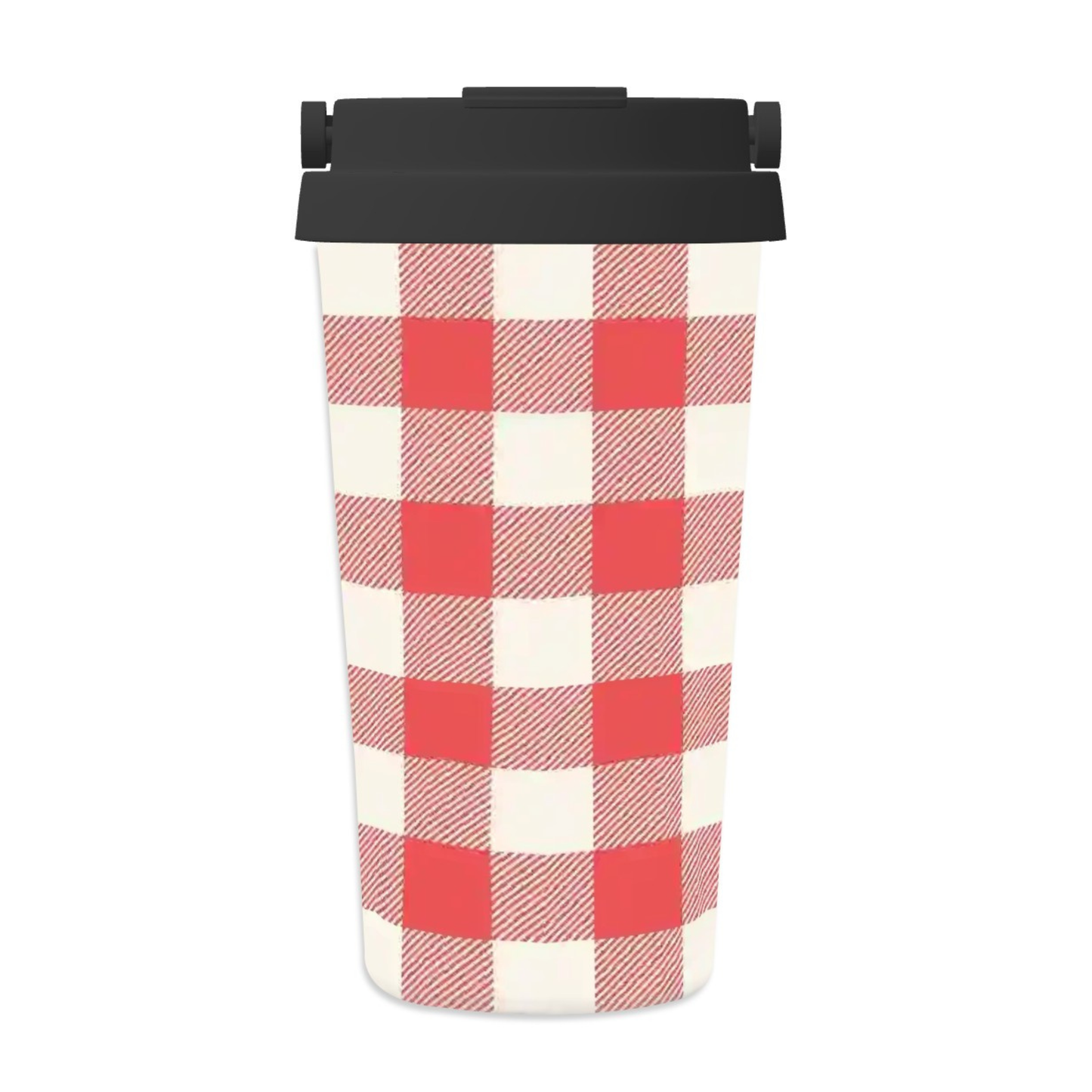 A reusable travel tumbler with a red and off-white buffalo check pattern and a black lid, shown on a plain white background.