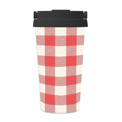 A reusable travel tumbler with a red and off-white buffalo check pattern and a black lid, shown on a plain white background.