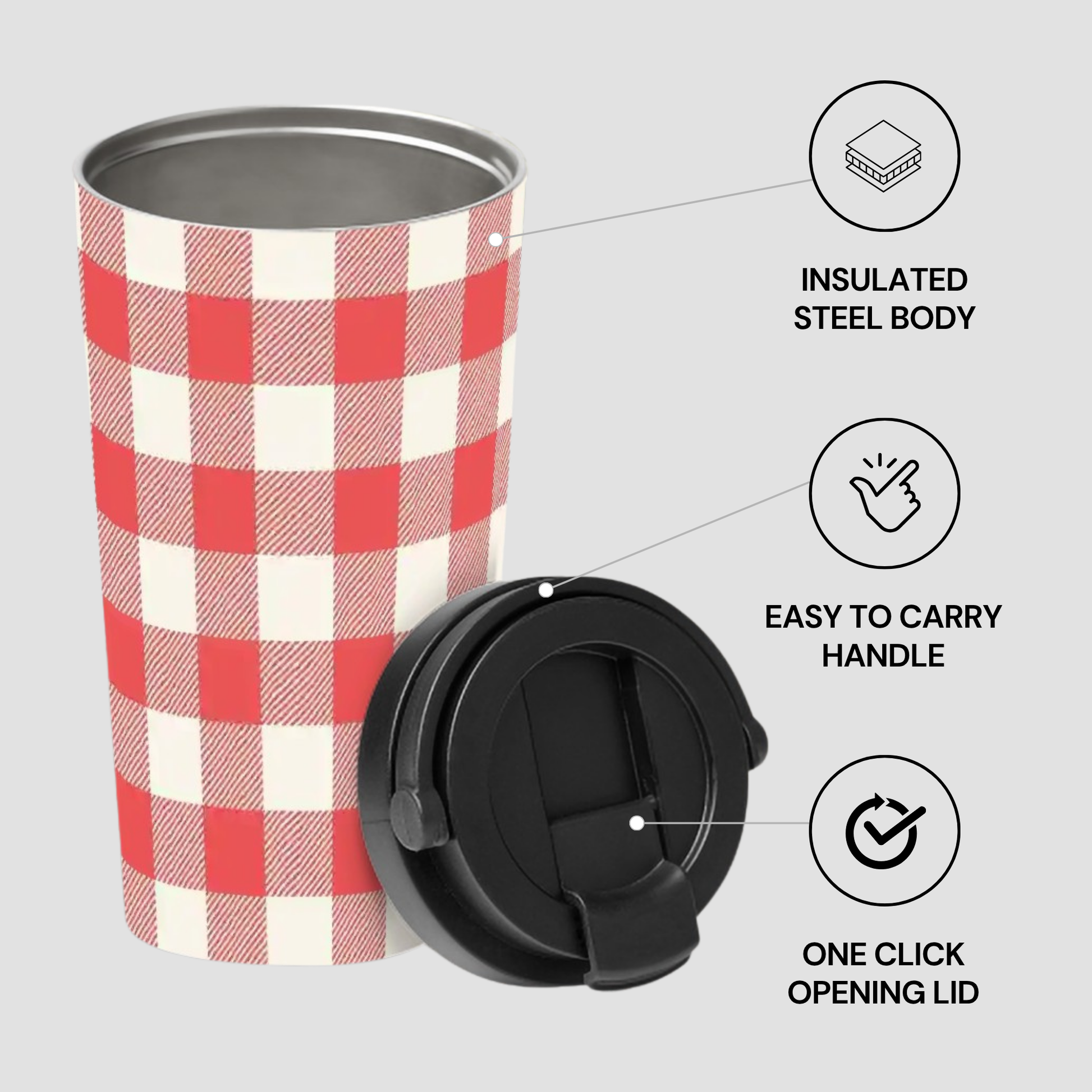 A red and white buffalo check insulated stainless steel travel tumbler with a black flip-top lid, shown with callout lines and text highlighting its features: insulated steel body, easy to carry handle, and one-click opening lid.