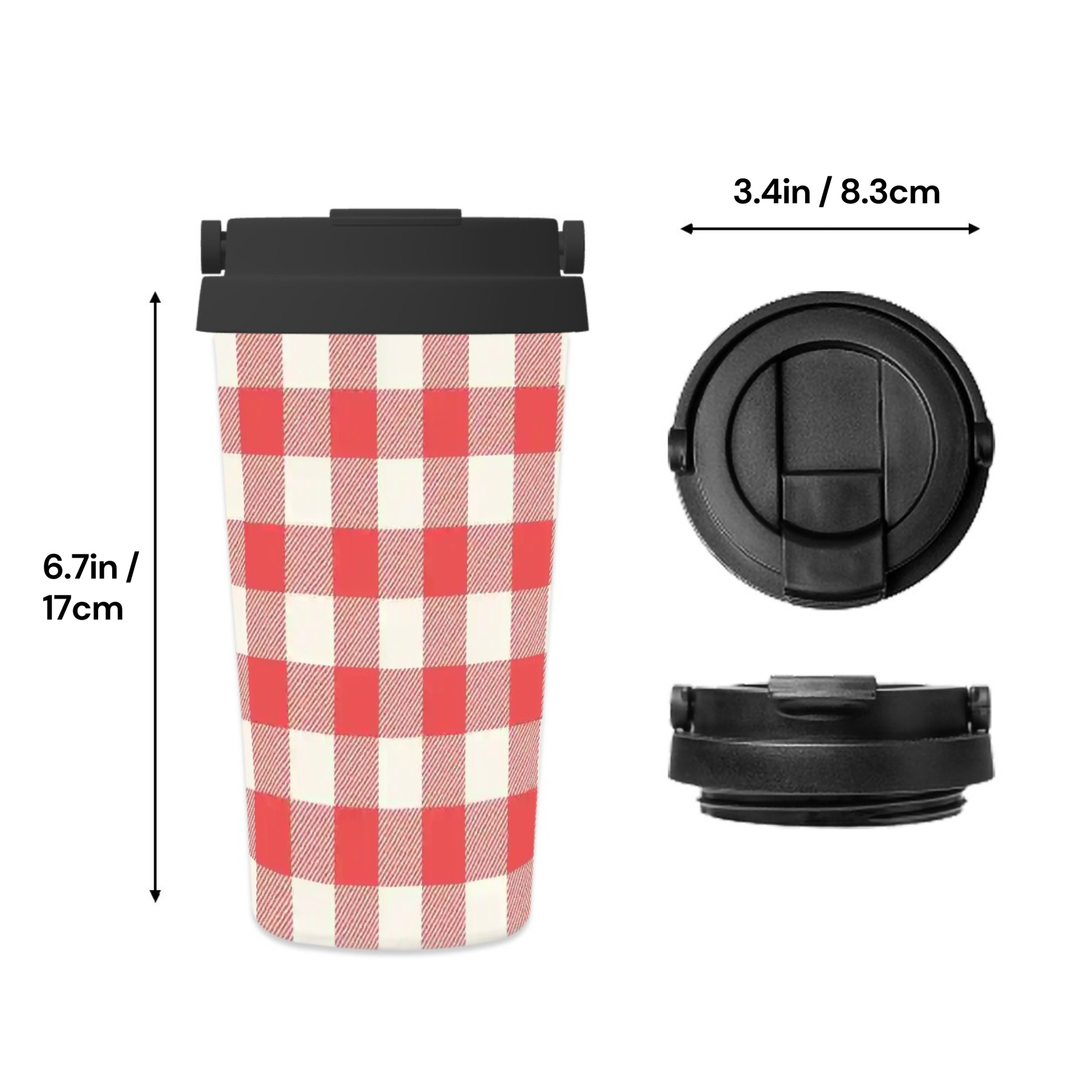 A reusable travel tumbler with a red and white gingham pattern, shown with black lids and dimension callouts indicating 6.7 inches tall and 3.