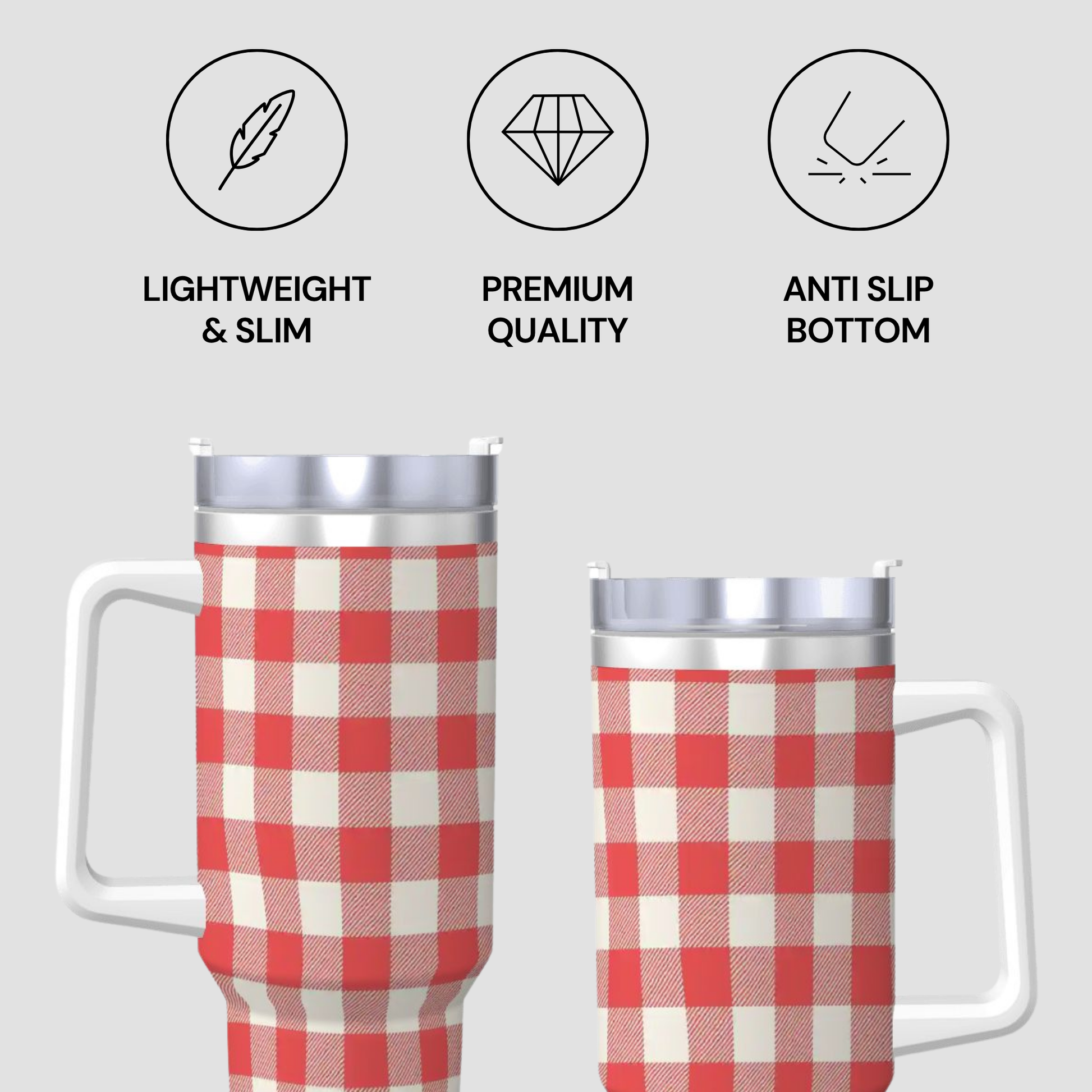 Two handled travel mugs with a red and white gingham pattern wrap shown on a light gray background, with three feature icons above reading Lightweight & Slim, Premium Quality, and Anti Slip Bottom.