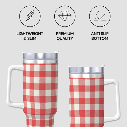 Two handled travel mugs with a red and white gingham pattern wrap shown on a light gray background, with three feature icons above reading Lightweight & Slim, Premium Quality, and Anti Slip Bottom.