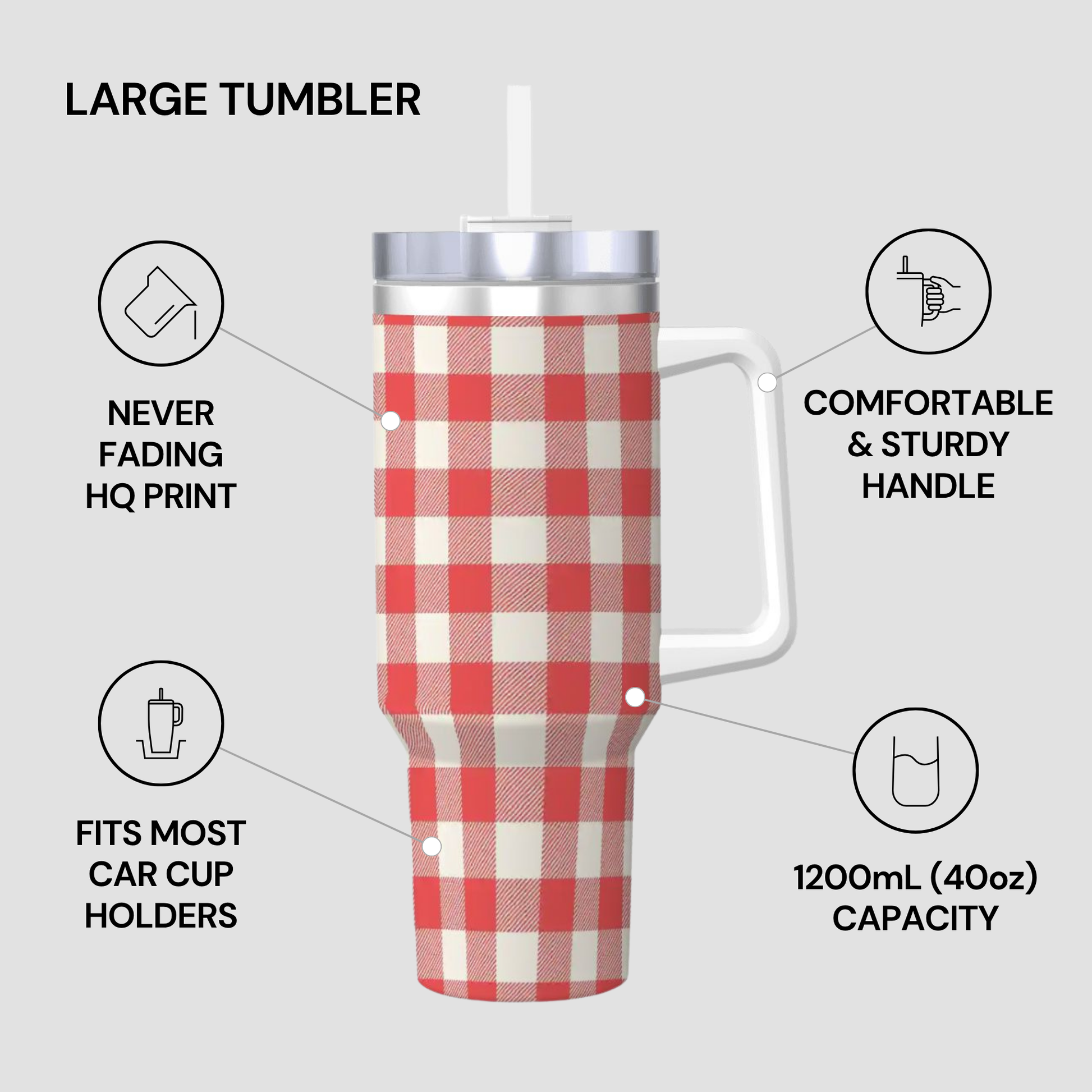 A large handled tumbler with a red and white gingham pattern, shown on a light gray background with callout text and icons describing features like HQ print durability, comfortable handle, car cup holder compatibility, and 1200 mL capacity.