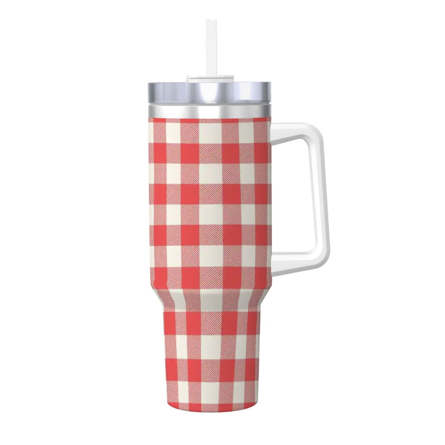A tall handled tumbler with a red and white gingham check pattern, featuring a clear lid and straw, shown on a plain white background.