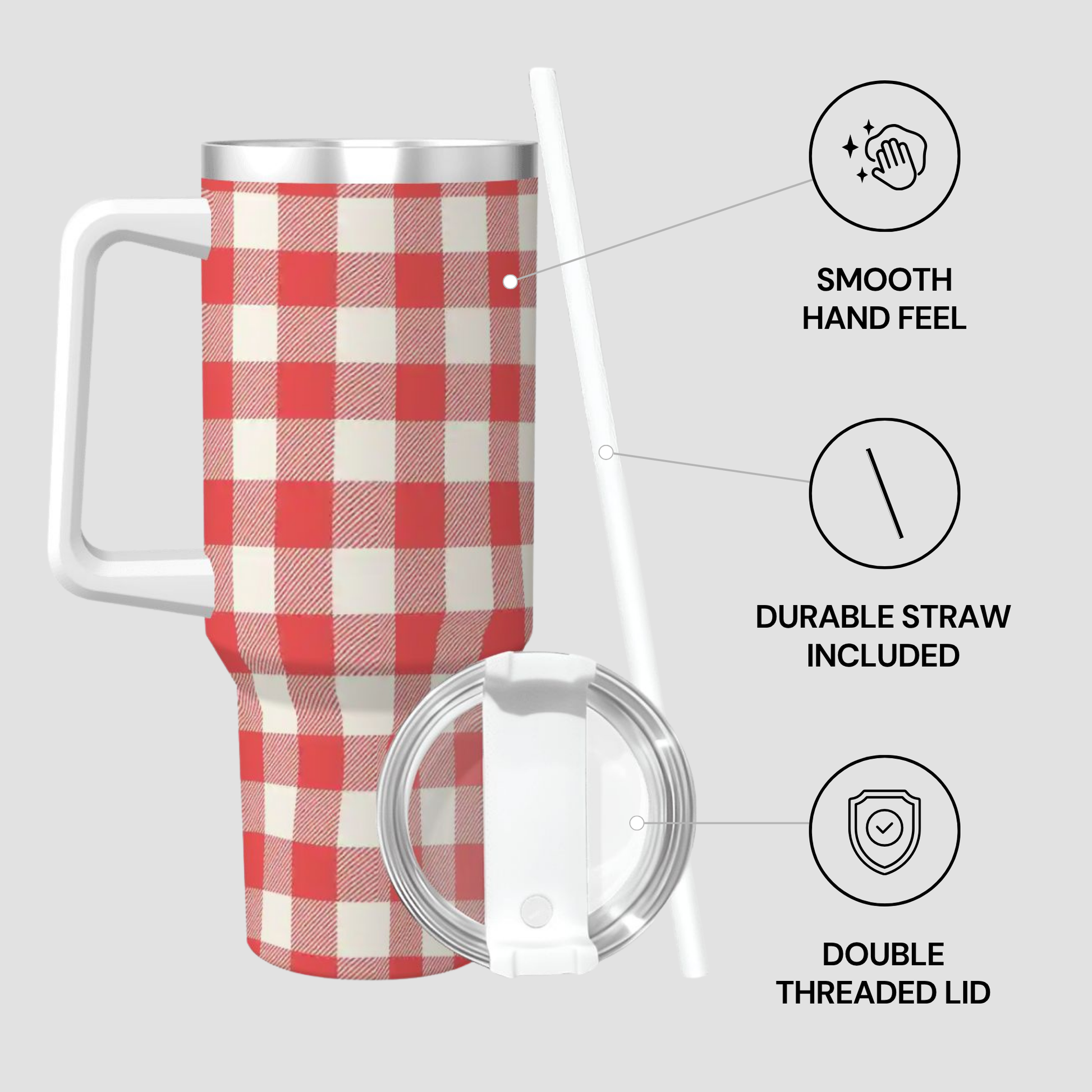 Red and white gingham patterned insulated travel mug with a white handle, shown with a clear straw and lid on a light gray background with feature callouts.