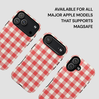 Three red and white gingham check phone cases shown on Apple iPhone models against a light gray background, with text stating 'AVAILABLE FOR ALL MAJOR APPLE MODELS THAT SUPPORTS MAGSAFE'.