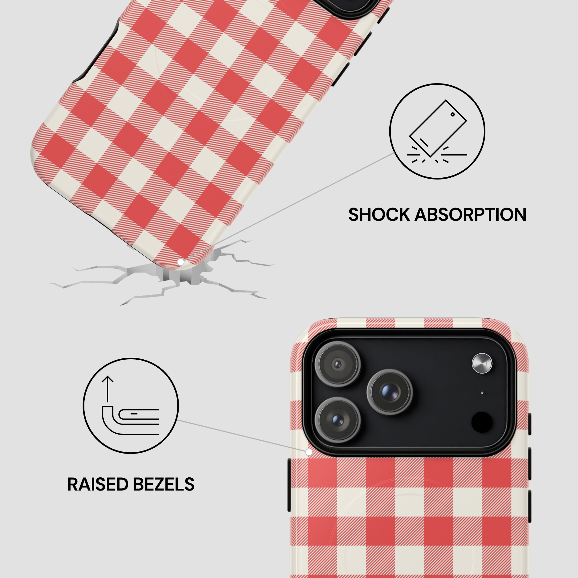 A phone case with a red and off-white gingham check pattern, shown with feature callouts: one case corner demonstrating shock absorption with a cracked phone graphic, and another showing raised bezels around the camera module.