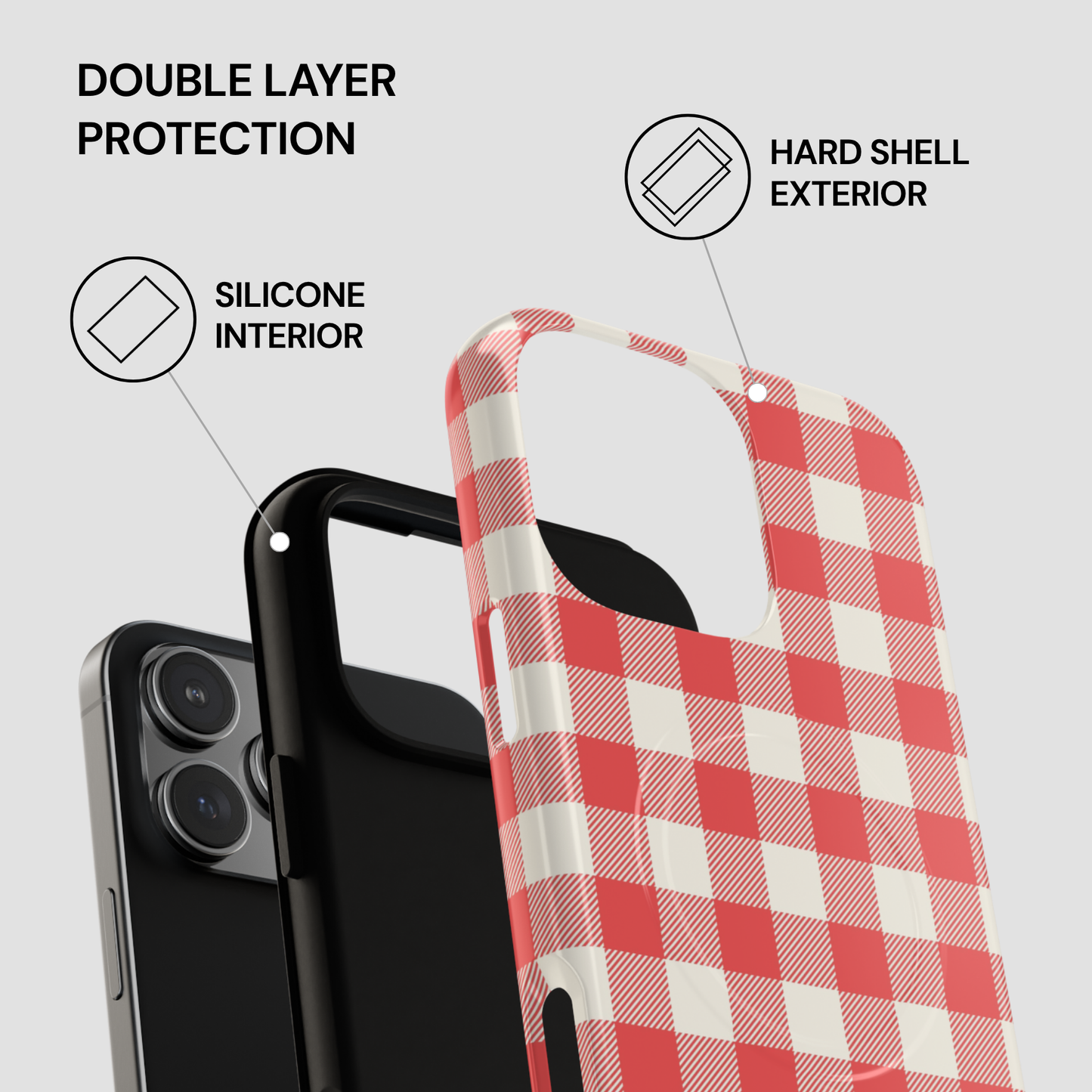 A phone case with a red and white gingham check pattern, shown layered over a black smartphone to demonstrate its hard shell exterior and silicone interior. The image includes text callouts highlighting key features: 'DOUBLE LAYER PROTECTION', 'HARD SHELL EXTERIOR', and 'SILICONE INTERIOR'.