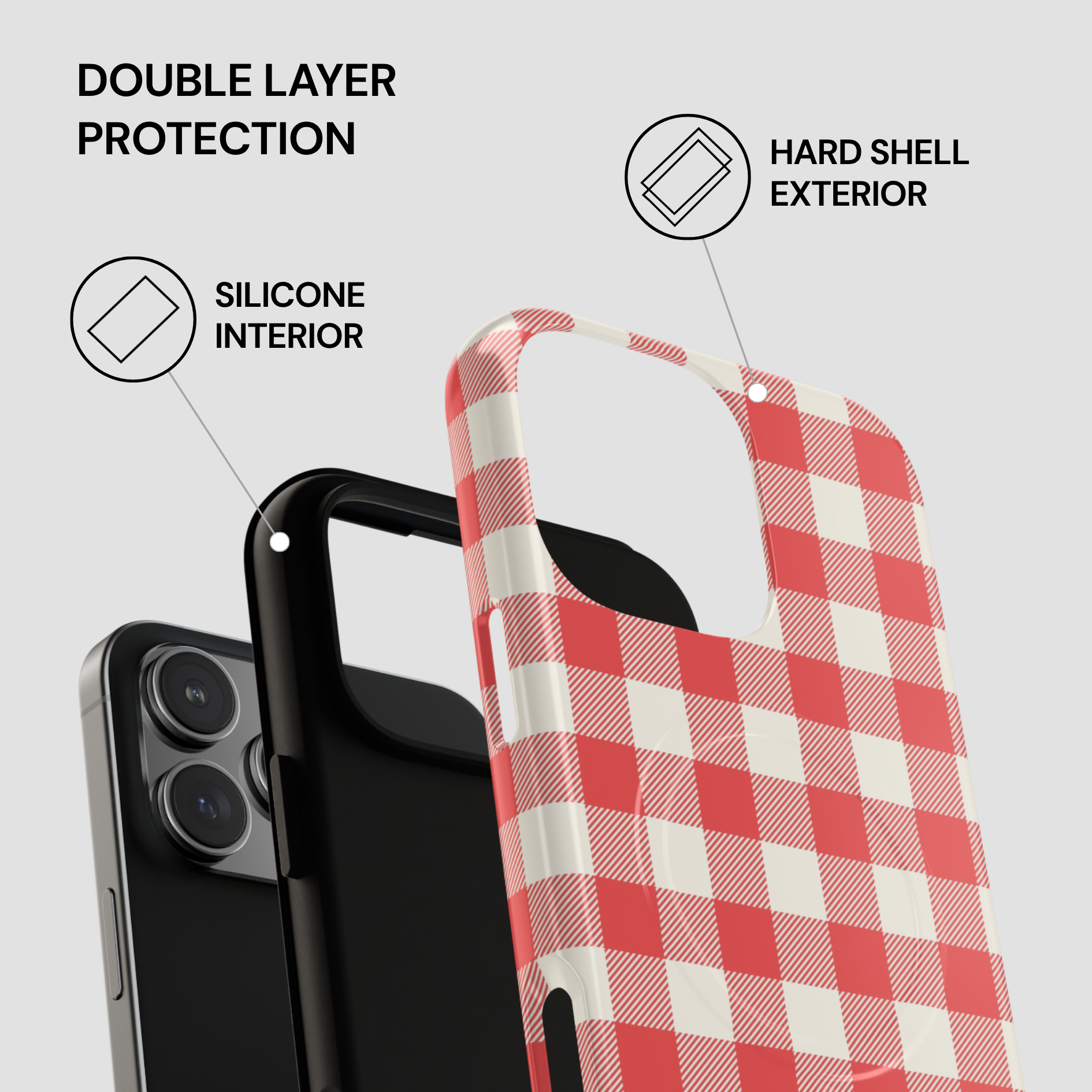 A phone case with a red and white gingham check pattern, shown layered over a black smartphone to demonstrate its hard shell exterior and silicone interior. The image includes text callouts highlighting key features: 'DOUBLE LAYER PROTECTION', 'HARD SHELL EXTERIOR', and 'SILICONE INTERIOR'.