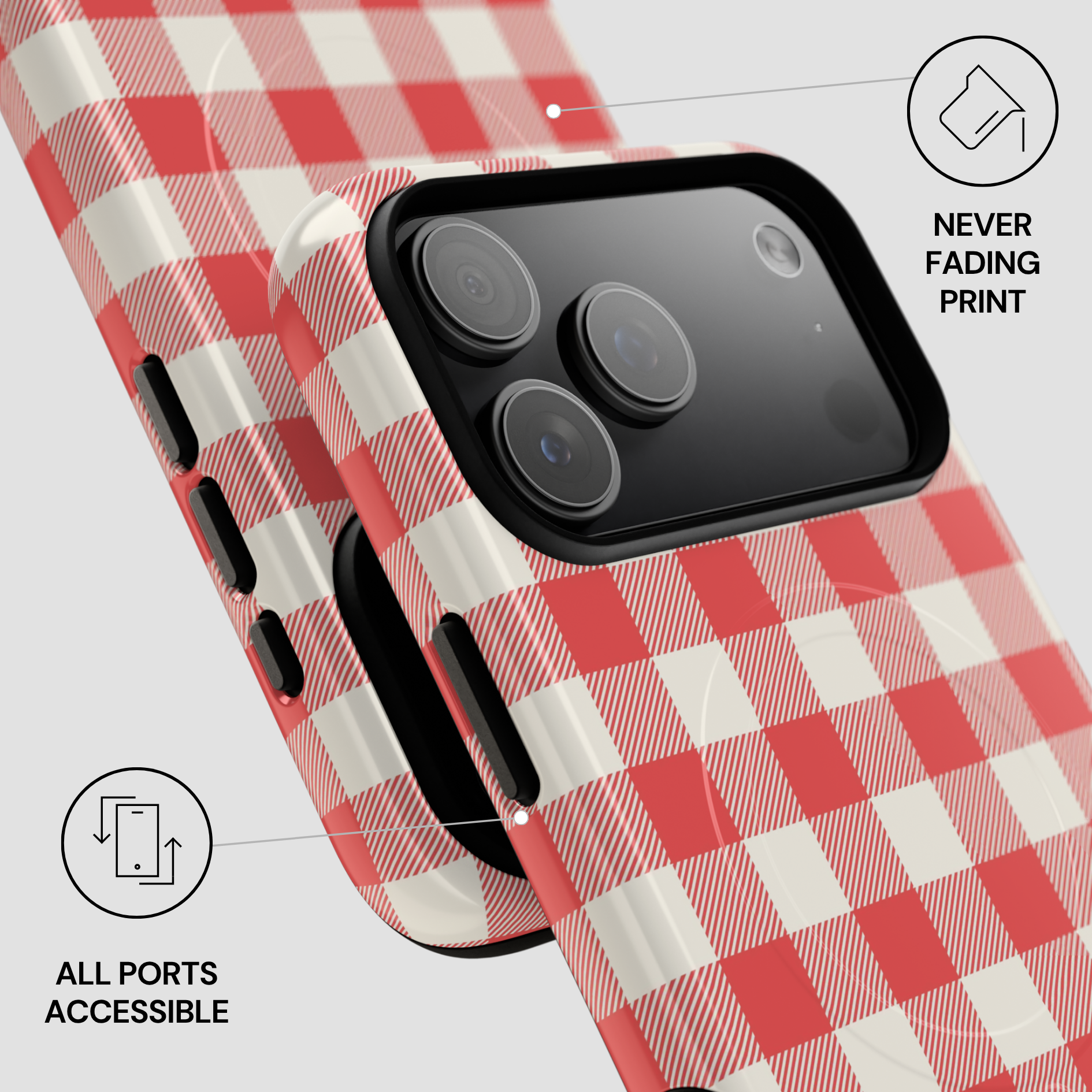 Red and white checkered phone case shown from multiple angles with black camera bezel and port openings, overlaid with feature callouts including 'NEVER FADING PRINT' and 'ALL PORTS ACCESSIBLE'.