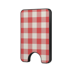 A slim rectangular card holder or wallet with a red and off-white gingham check pattern and a black border, shown on a plain white background.