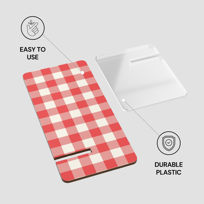 A product diagram showing a red and white checkered phone case alongside a clear protective cover, with text callouts reading 'EASY TO USE' and 'DURABLE PLASTIC' on a light gray background.