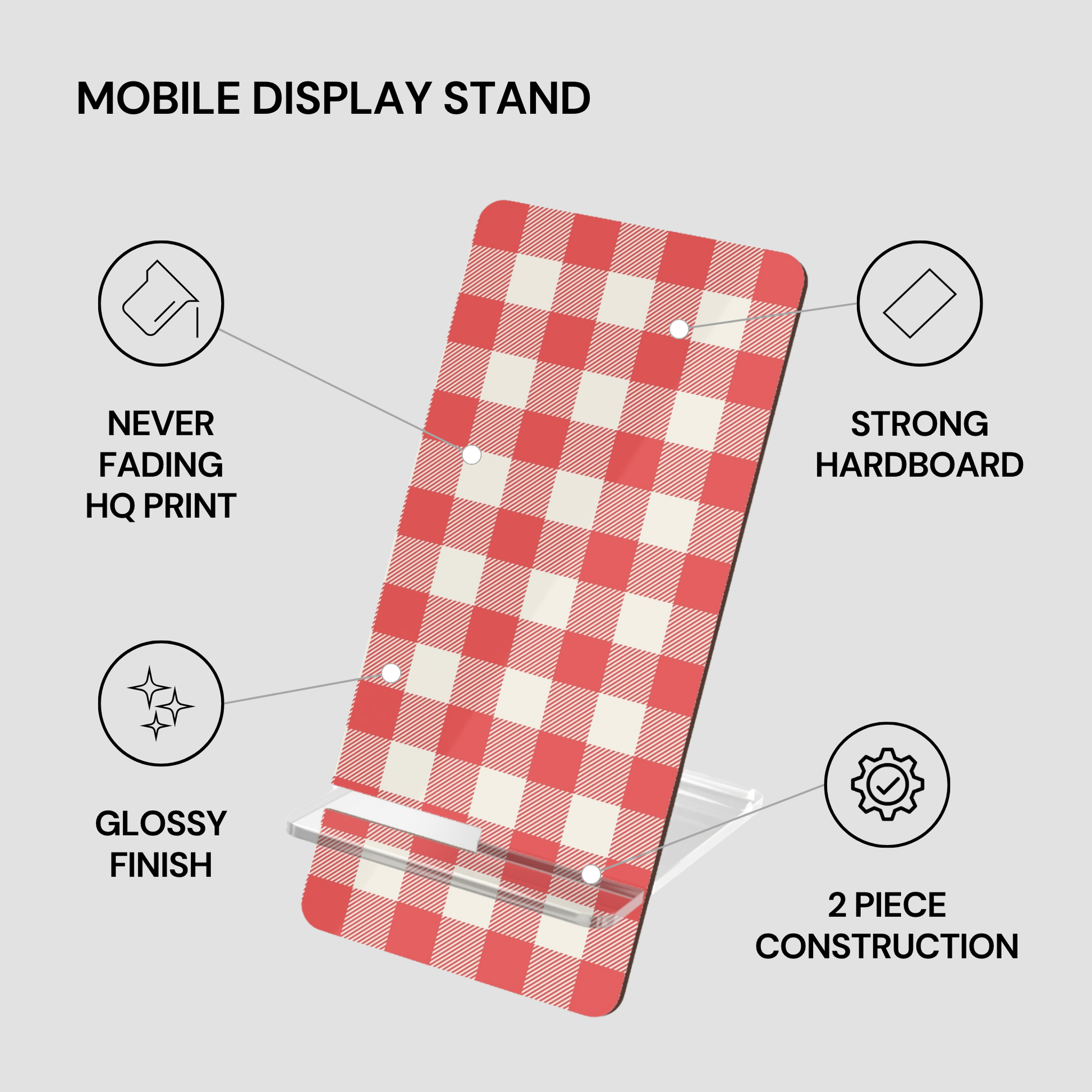 A mobile display stand with a red and white gingham pattern, shown on a light gray background with callout lines and text highlighting features like glossy finish, strong hardboard, never fading HQ print, and 2 piece construction.