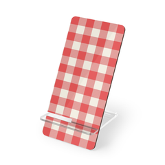 Red and white checkered phone stand on a white background