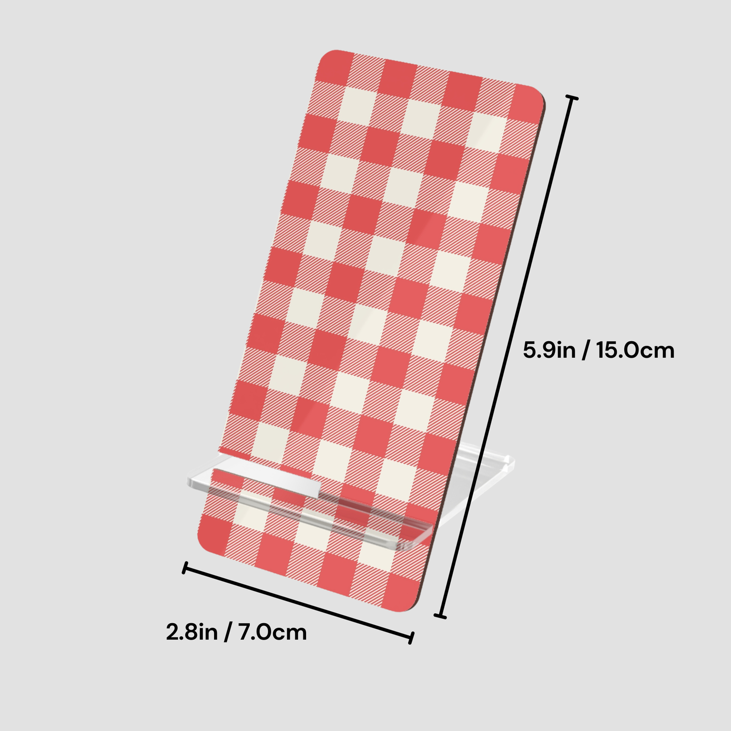 A red and white gingham checkered phone stand with dimension annotations showing its height of 5.9 inches (15.