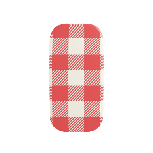 A rectangular product with rounded corners featuring a red and off-white gingham check pattern, shown on a plain white background.