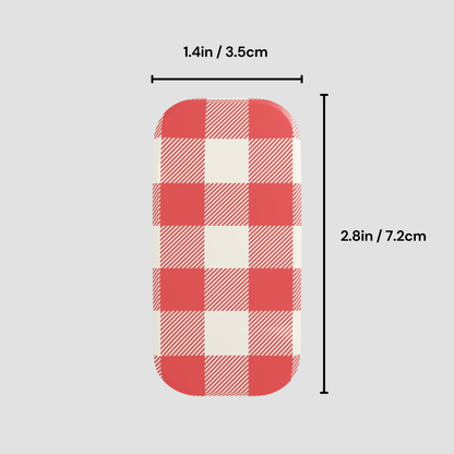 A red and white buffalo plaid rectangular item with rounded corners, shown with dimension lines and text indicating 1.4 in / 3.