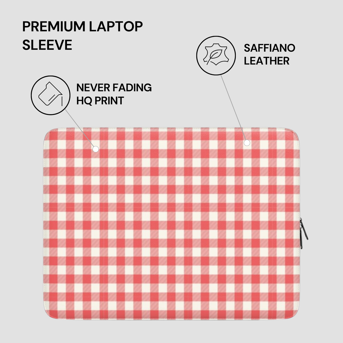 Red and white checkered laptop sleeve on a light gray background with feature callouts reading 'PREMIUM LAPTOP SLEEVE,' 'SAFFIANO LEATHER,' and 'NEVER FADING HQ PRINT.'.