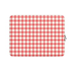 A rectangular laptop sleeve with a red and white gingham checkered pattern, featuring a black zipper pull on the right side, shown against a plain white background.