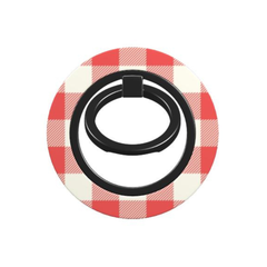 A circular phone grip stand featuring a red and white gingham plaid pattern with a black ring design in the center, shown on a plain white background.