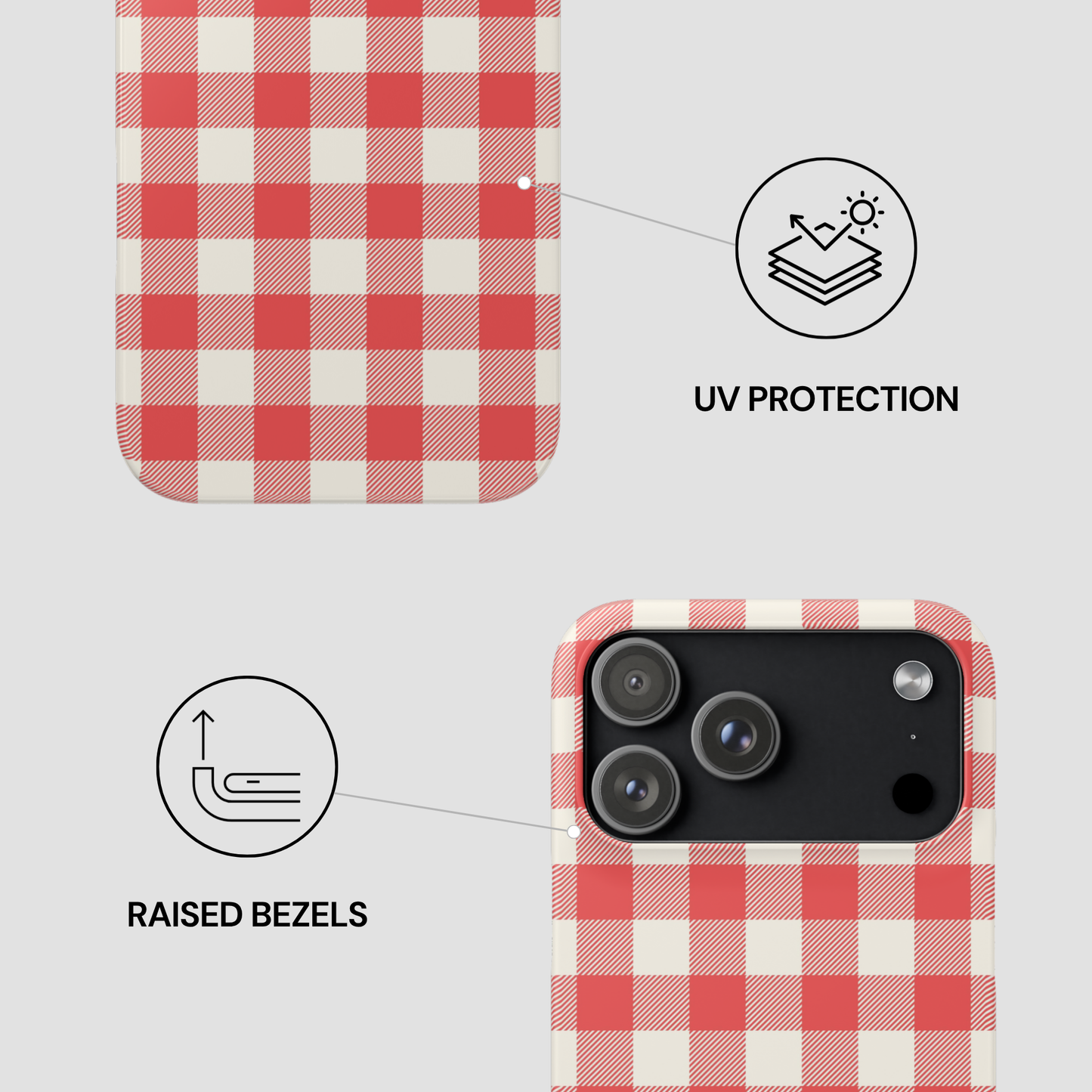 A phone case with a red and white gingham check pattern, shown on a light gray background with feature callouts: one inset shows the fabric pattern, and two callouts with icons highlight UV protection and raised bezels.