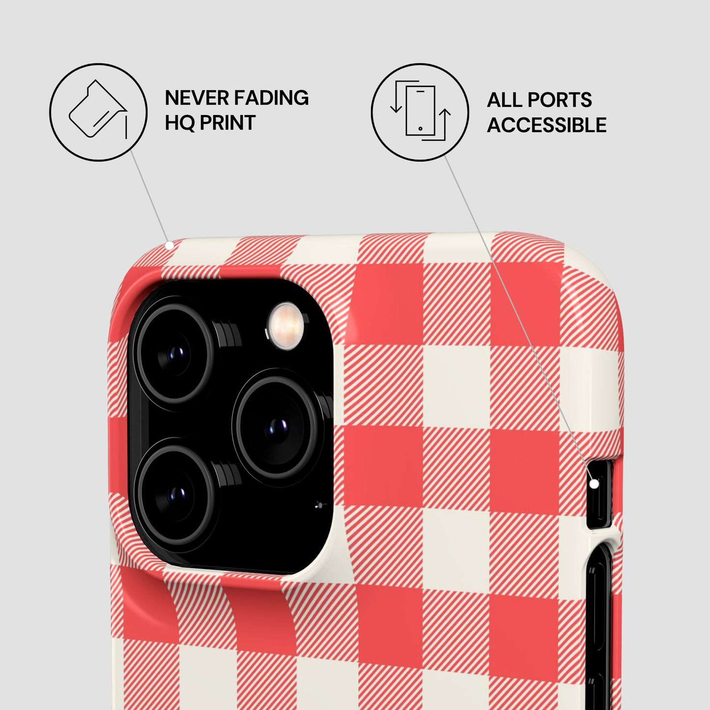 A close-up of a phone case with a red and white gingham check pattern, shown on a light gray background with two feature callouts: 'NEVER FADING HQ PRINT' and 'ALL PORTS ACCESSIBLE'.