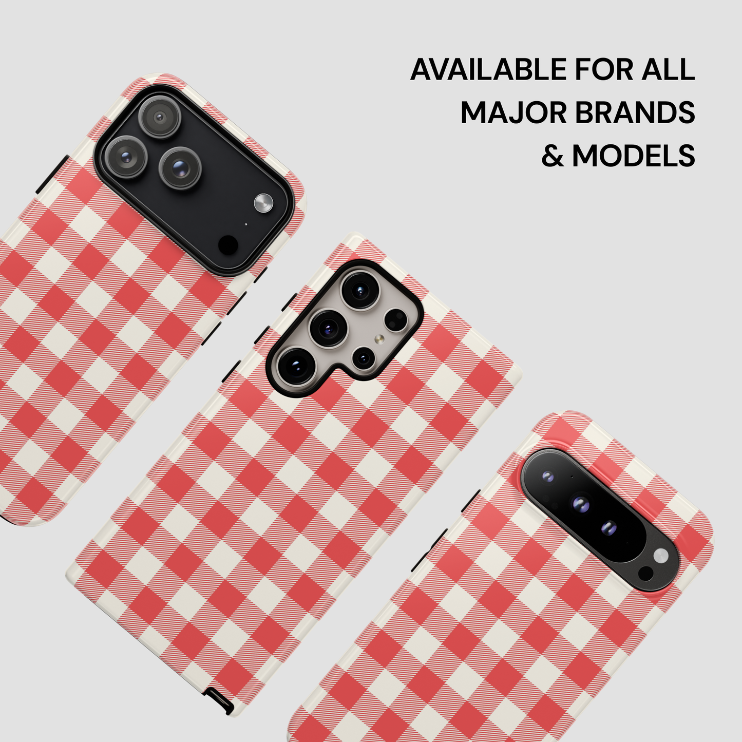 Three smartphone cases with a red and white gingham check pattern are shown from different angles on a light gray background, with text reading 'AVAILABLE FOR ALL MAJOR BRANDS & MODELS'.