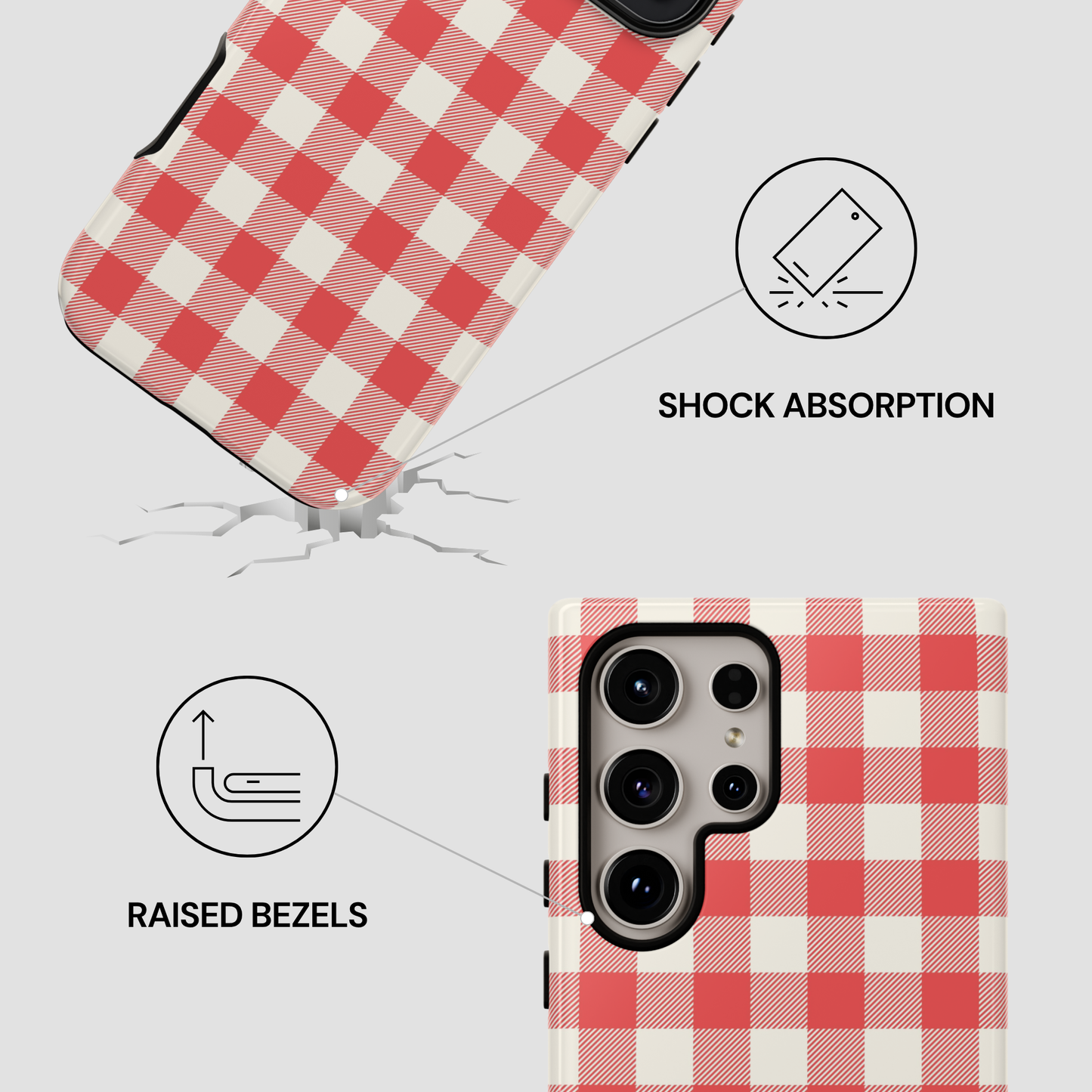 Red and white gingham checkered phone case shown on a light gray background with feature callouts: a cracked floor graphic labeled shock absorption and a raised bezel icon labeled raised bezels.