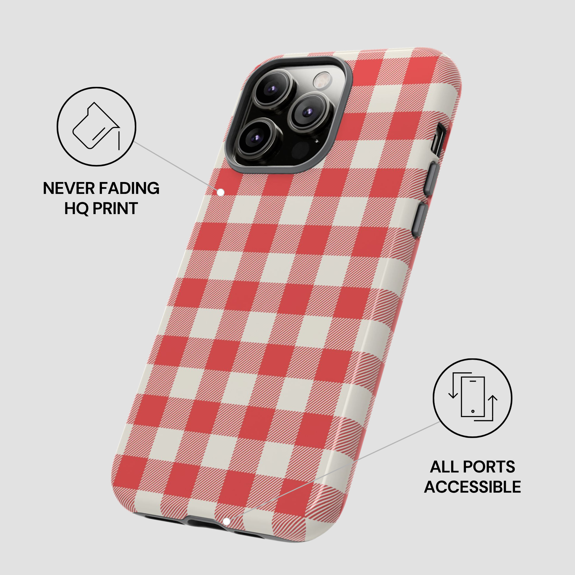 A red and white checkered phone case shown on a light gray background with feature callouts: 'NEVER FADING HQ PRINT' and 'ALL PORTS ACCESSIBLE'. The case is angled to show the back design and camera cutout.